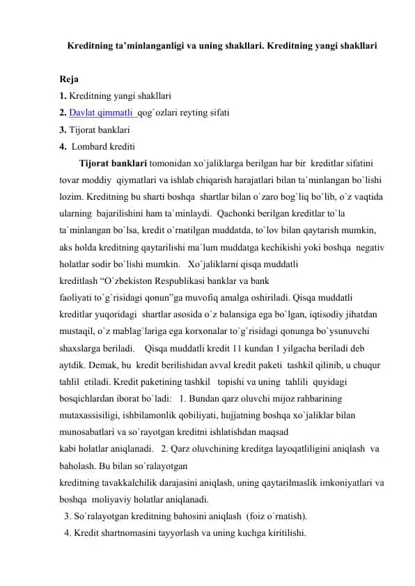 Kreditning ta'minlanganligi va uning shakllari