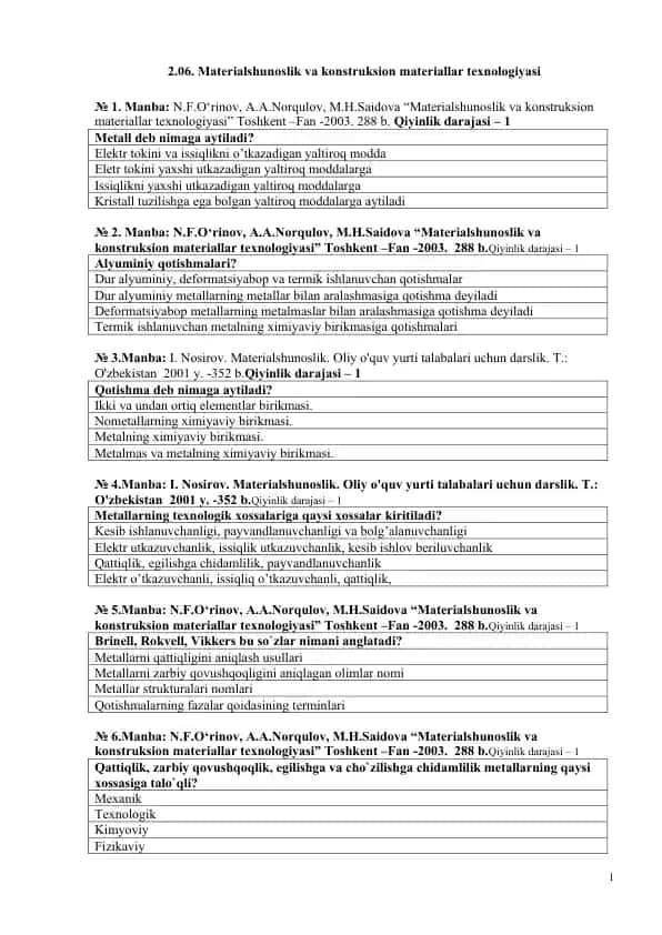Materialshunoslik va konstruksion materiallar texnologiyasi