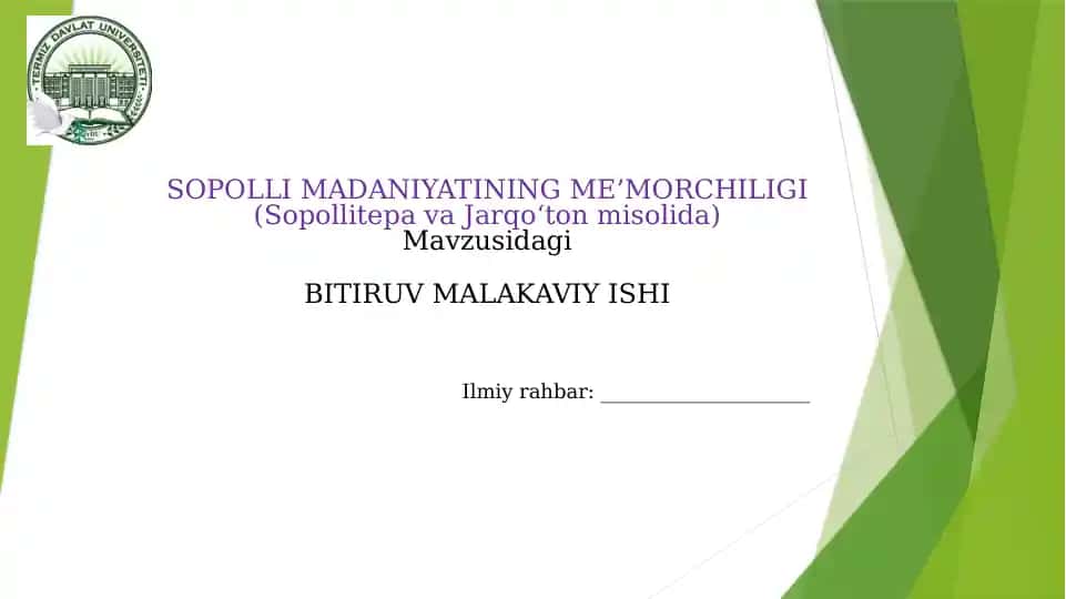 SOPOLLI MADANIYATI ME’MORCHILIGI (Sopollitepa va Jarqo‘ton yodgorliklari misolida)