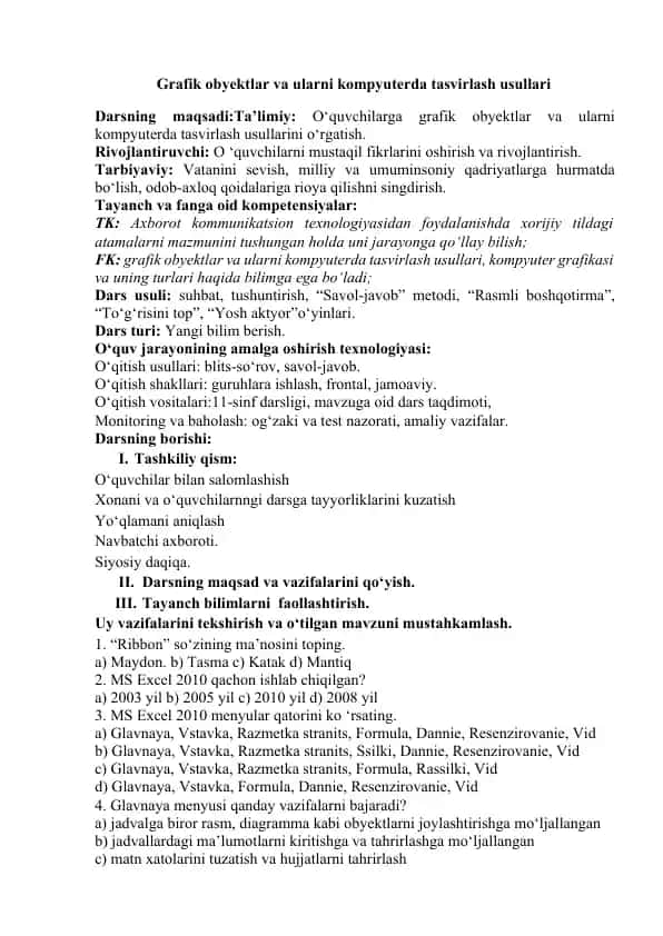 Grafik obyektlar va ularni kompyuterda tasvirlash usullari