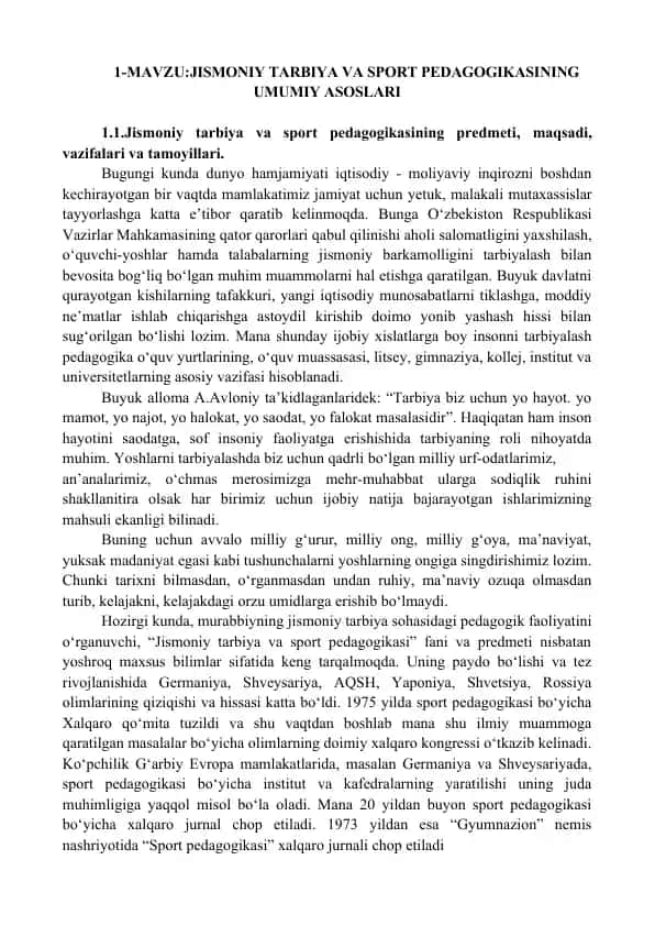 Jismoniy Tarbiya va Sport Pedagogikasining Umumiy Asoslari