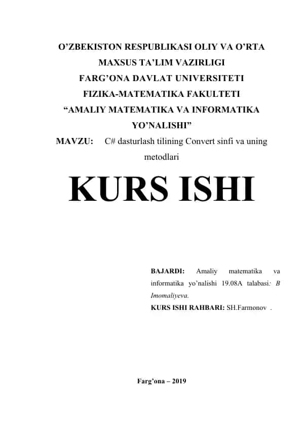 C# dasturlash tilining Convert sinfi va uning metodlari