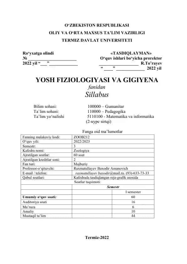 YOSH FIZIOLOGIYASI VA GIGIYENA Sillabus