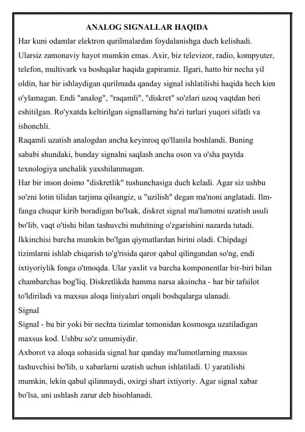 ANALOG SIGNALLAR HAQIDA