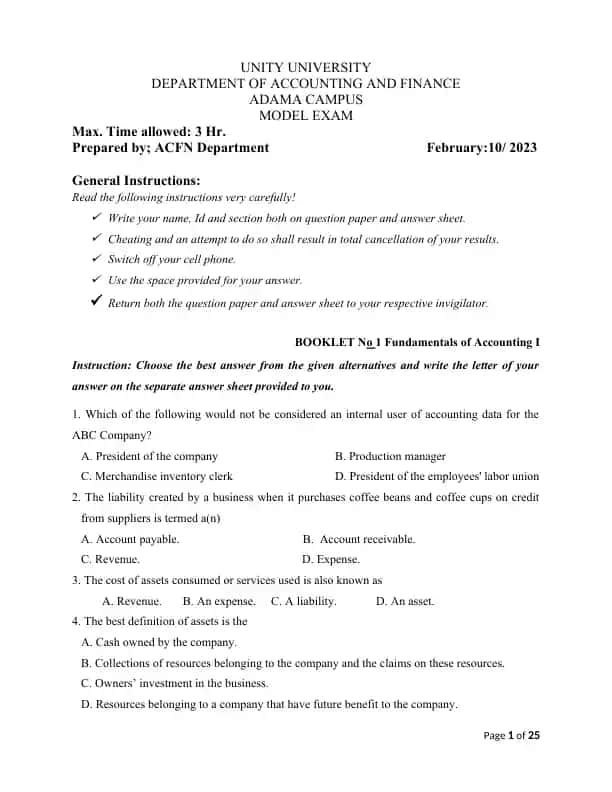 Model Exam Booklet No 1 Fundamentals of Accounting I