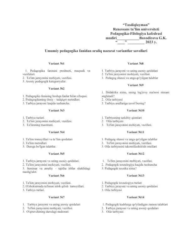 Umumiy pedagogika fanidan oraliq nazorat variantlar savollari