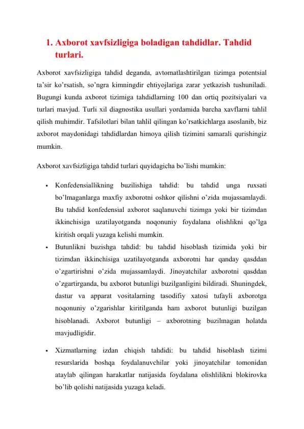 Axborot xavfsizligiga boladigan tahdidlar