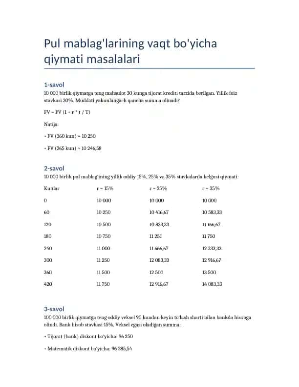Pul mablag'larining vaqt bo'yicha qiymati masalalari