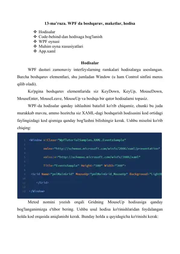 WPF da boshqaruv, maketlar, hodisa