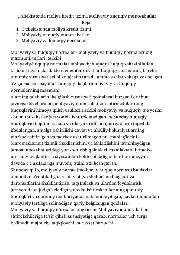 O‘zbekistonda moliya kredit tizimi va moliyaviy huquqiy munosabatlar