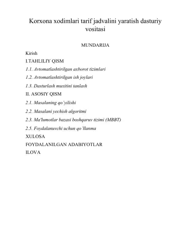 Korxona xodimlari tarif jadvalini yaratish dasturiy vositasi