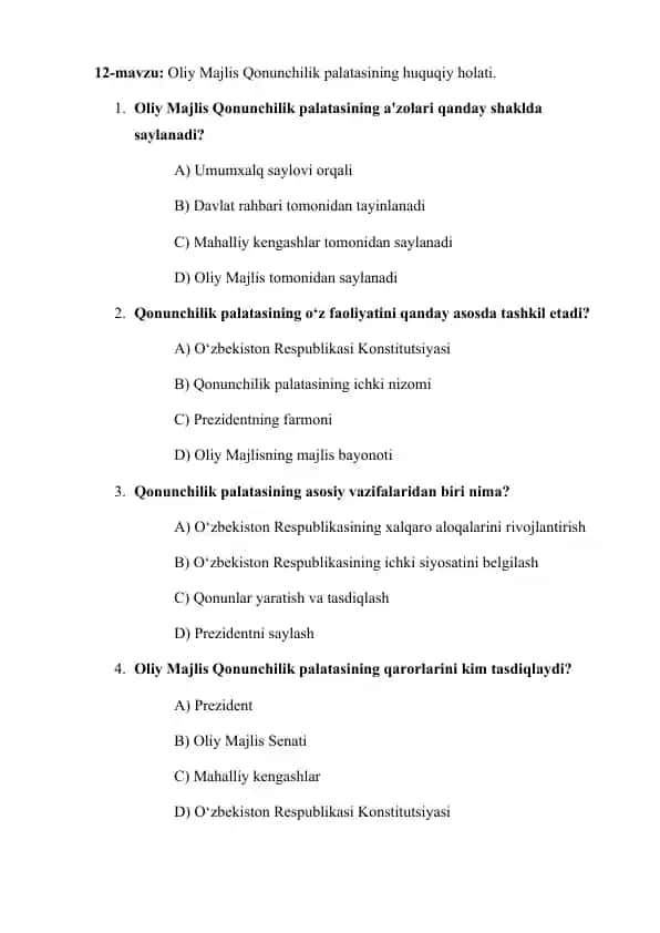 Oliy Majlis Qonunchilik palatasining huquqiy holati