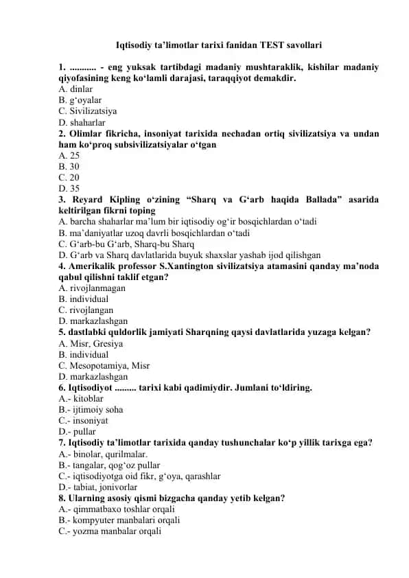 Iqtisodiy ta’limotlar tarixi fanidan TEST savollari