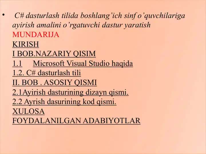 C# dasturlash tilida boshlang’ich sinf o’quvchilari uchun ayirish dasturi