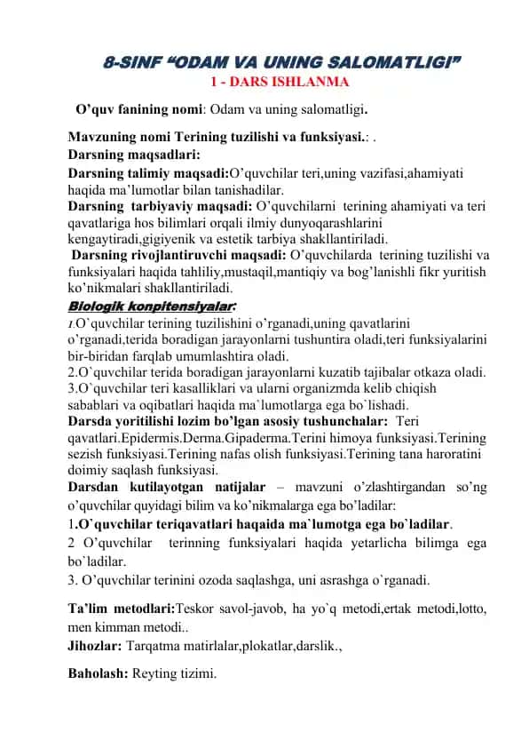 8-SINF “ODAM VA UNING SALOMATLIGI” dars ishlanmasi