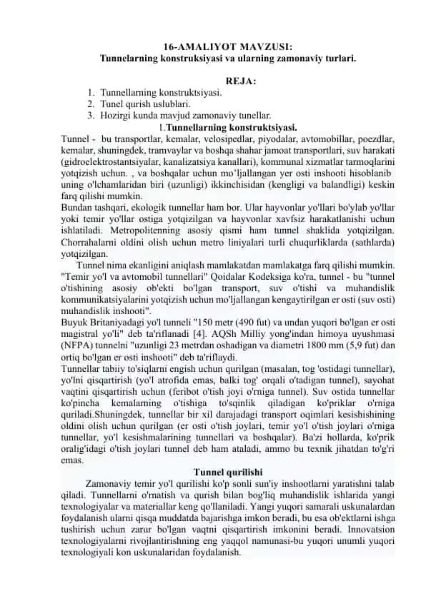 Tunnelarning konstruksiyasi va ularning zamonaviy turlari