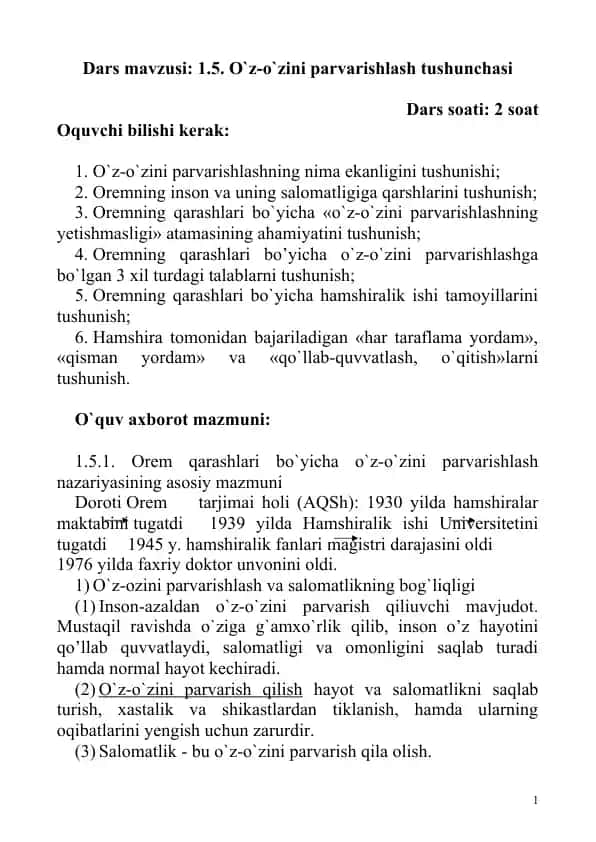 O`z-o`zini Parvarishlash Tushunchasi