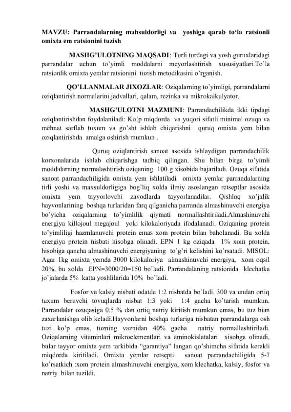 To’yimli Moddalar va Omixta Yemlar Ratsionini Tuzish