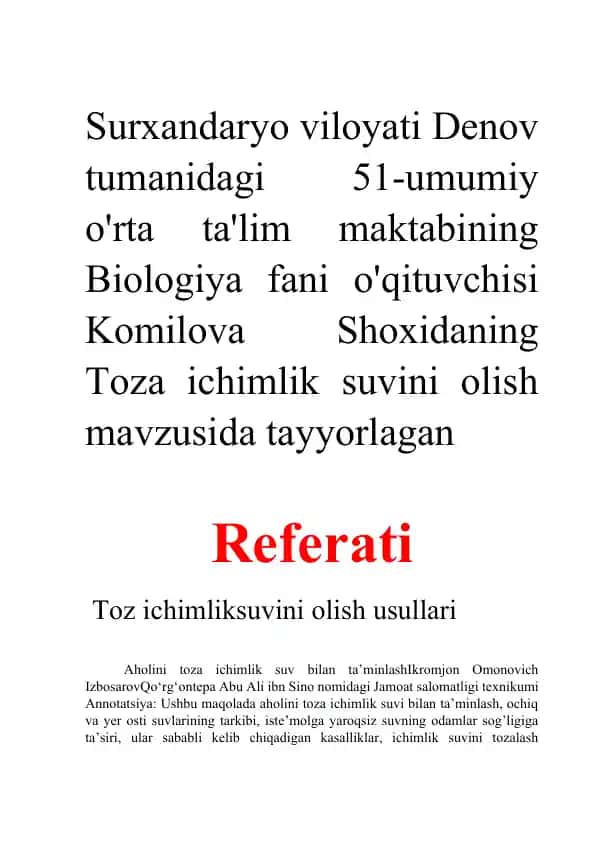 Toza ichimlik suvini olish usullari