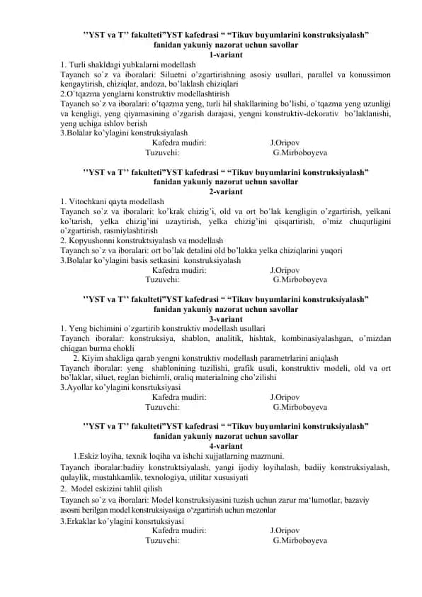 Tikuv buyumlarini konstruksiyalash