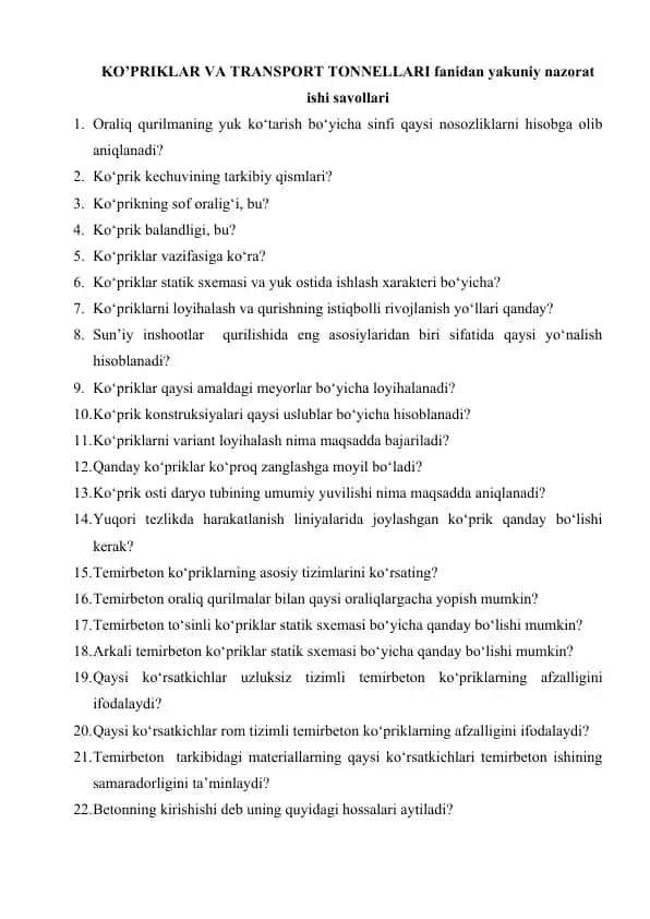 KO’Priklar va Transport Tonnellari fanidan yakuniy nazorat ishi savollari