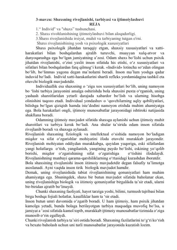Shaxsning rivojlanish tarbiyasi va ijtimoiylashuvi