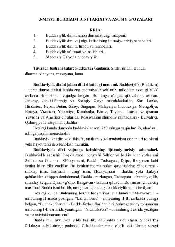 Buddizm Dini Tarixi va Asosiy G‘oyalar