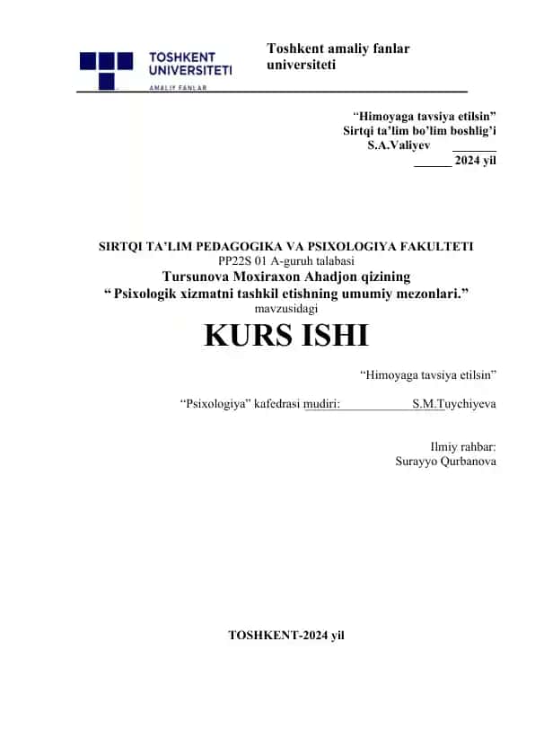 Psixologik xizmatni tashkil etishning umumiy mezonlar