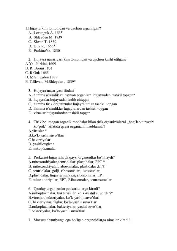 Hujayralar va Organizmlar Nazariyasi Test savollari