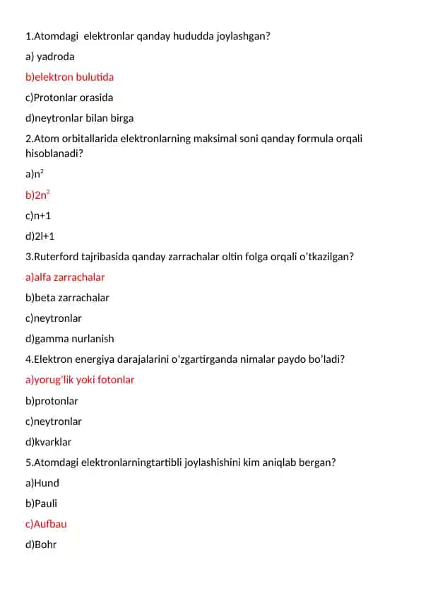 Atom va atom tuzilishi bo‘yicha savollar to‘plami