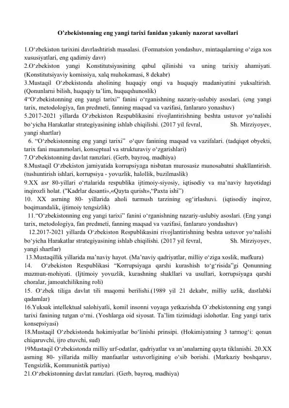 O‘zbekistonning eng yangi tarixi fanidan yakuniy nazorat savollari