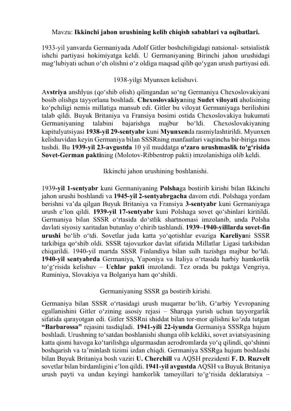 Ikkinchi jahon urushining kelib chiqish sabablari va oqibatlari