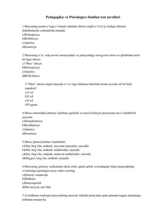 Pedagogika va Psixologiya fanidan test savollari