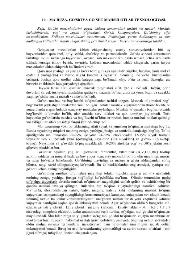 MA’RUZA. GO’ShTVA GO’SHT MAHSULOTLAR TEXNOLOGIYaSI