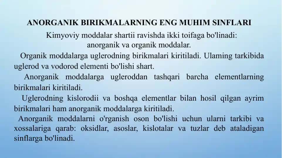 ANORGANIK BIRIKMALARNING ENG MUHIM SINFLARI