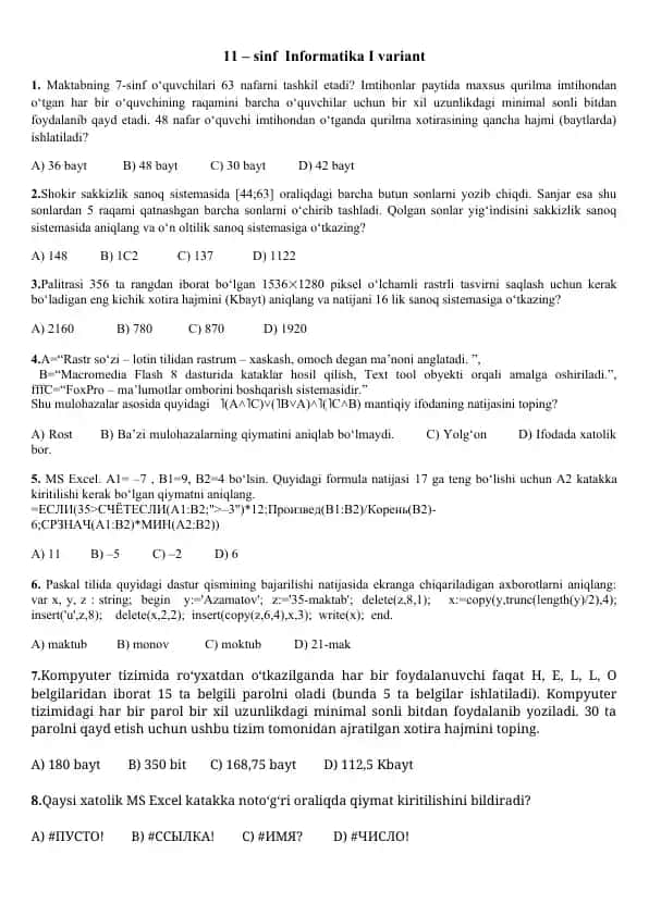 11 – sinf Informatika I variant