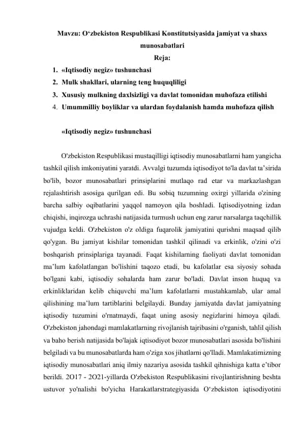 O‘zbekiston Respublikasi Konstitutsiyasida jamiyat va shaxs munosabatlari