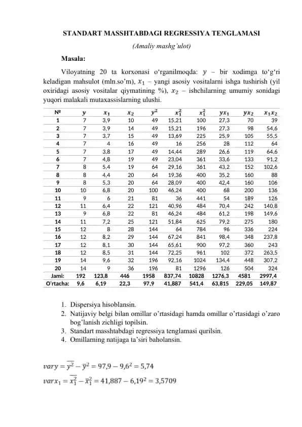 Standart masshtabdagi regressiya tenglamasi