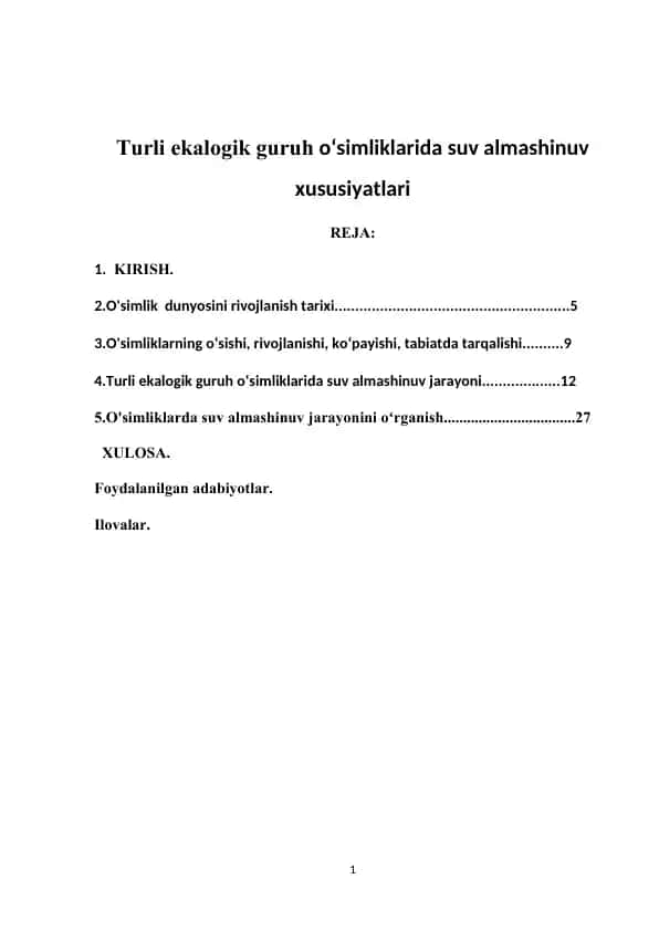 Turli ekologik guruh oʻsimliklarida suv almashinuv xususiyatlari