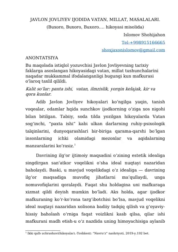 JAVLON JOVLIYEV IJODIDA VATAN, MILLAT, MASALALARI.