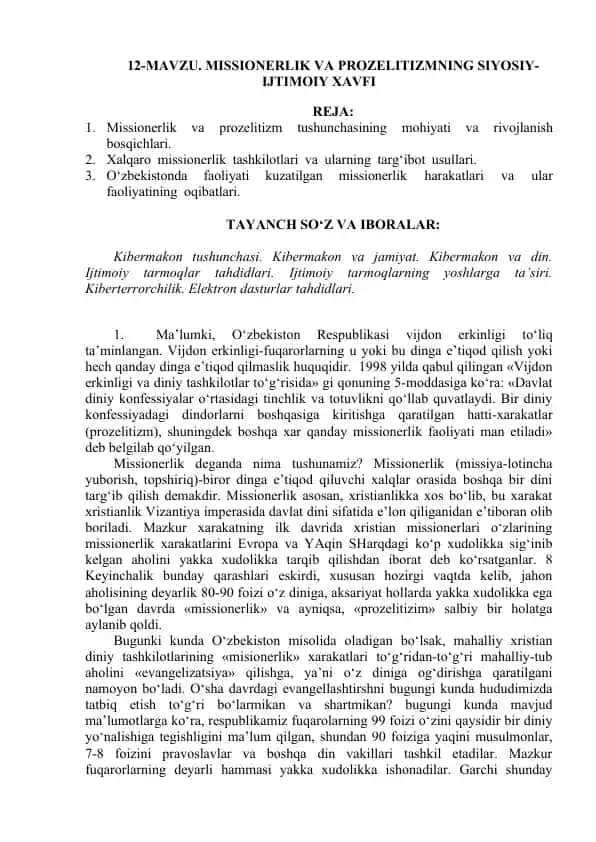 Missionerlik va Prozelitizmning Siyosiy-Ijtimoiiy Xavfi