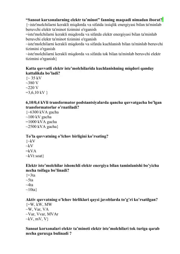 Sanoat karxonalarning elektr ta’minoti