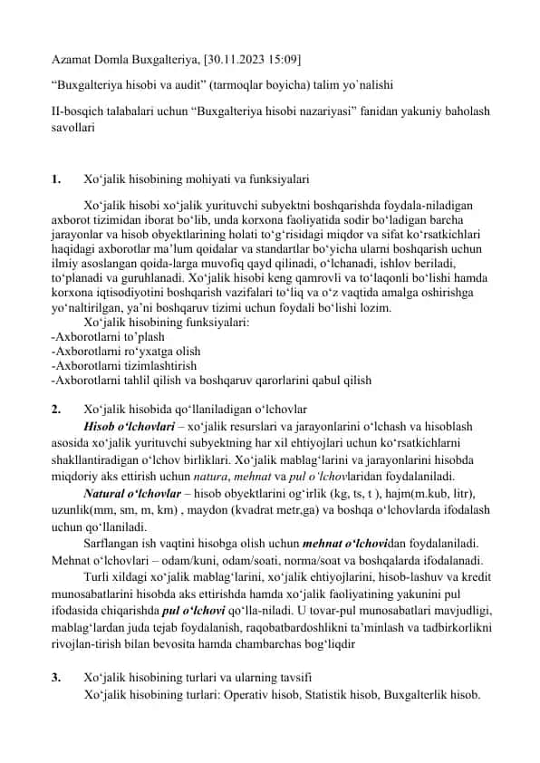 "Buxgalteriya hisobi va audit" (tarmoqlar boyicha) talim yo`nalishi