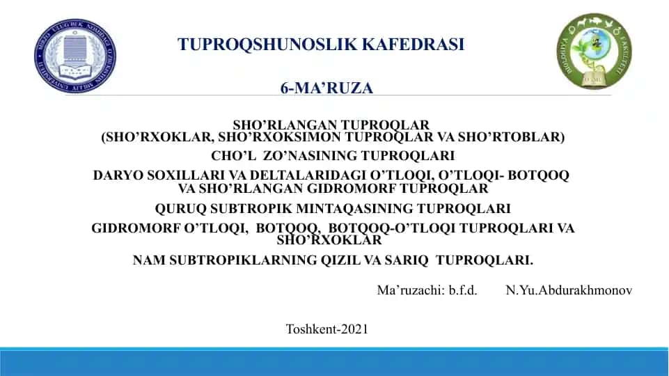 Tuproqshunoslik kafedrasi ma'ruzasi