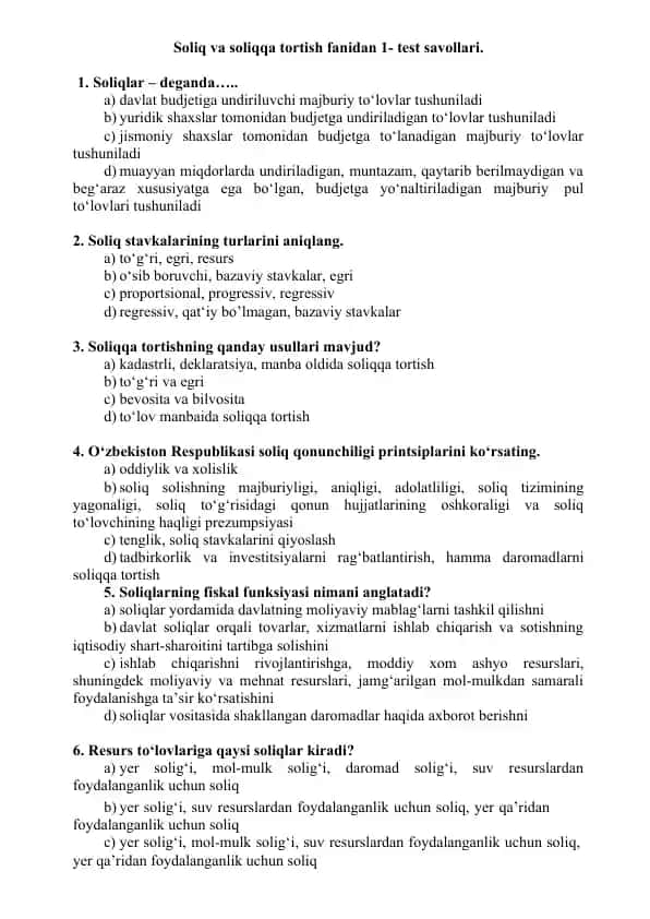 Soliq va soliqqa tortish fanidan 1- test savollari