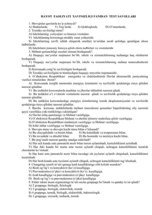 HAYOT FАОLIYATI ХАVFSIZLIGI FАNIDAN TEST SAVOLLARI