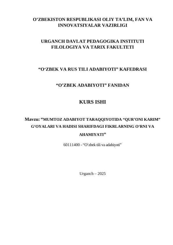 O'zbek adabiyoti fanidan kurs ishi