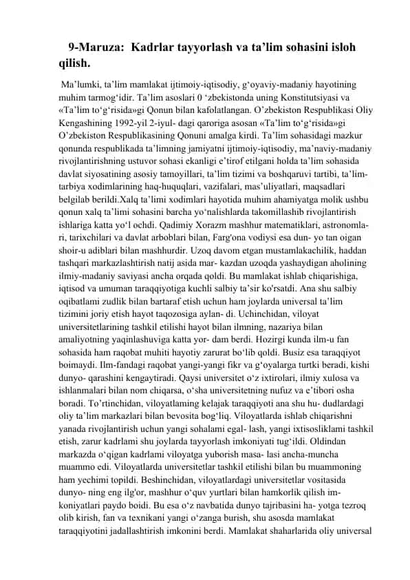 Ta’lim sohasi va kadrlar tayyorlash