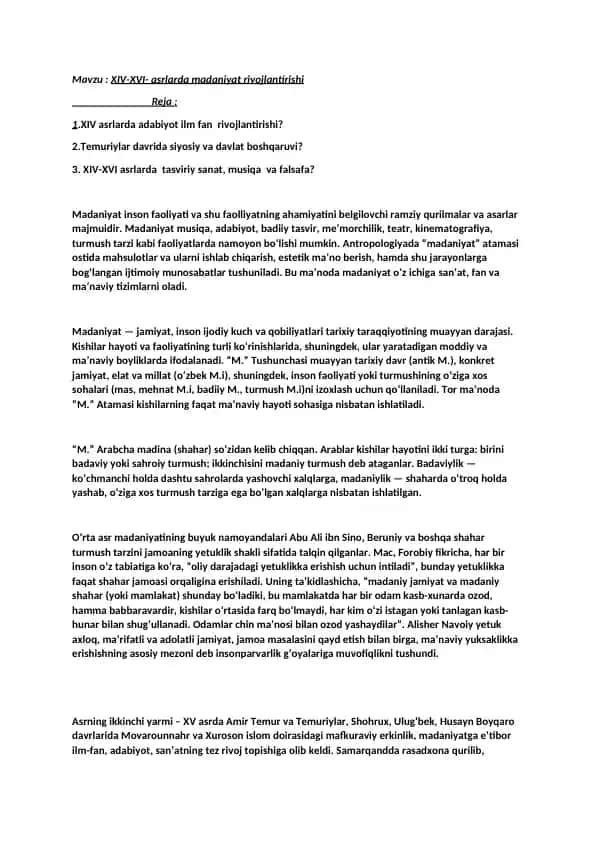 XIV-XVI asrlarda madaniyat rivojlantirishi