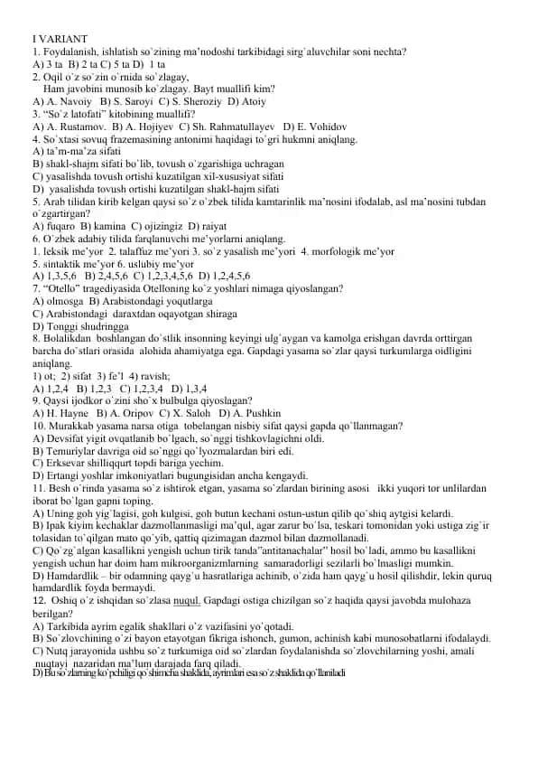 Test savolnomasi